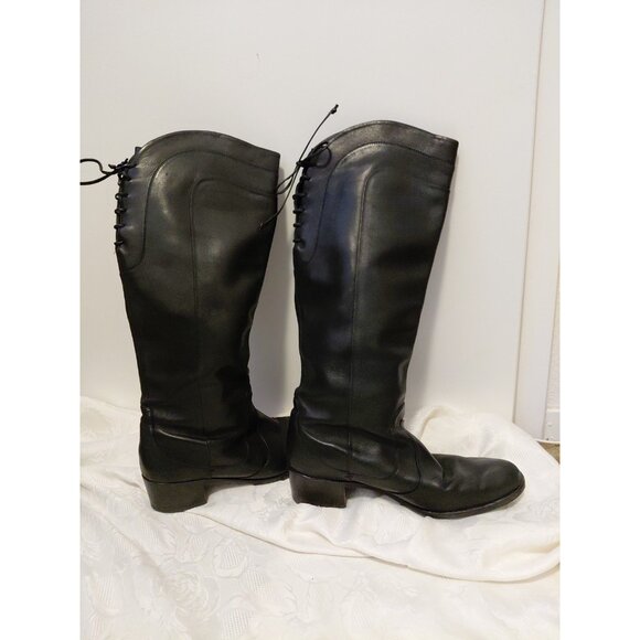 Salvatore Ferragamo Boots Leather Tall Riding Lace Up Valentino Black 11 - Picture 5 of 8
